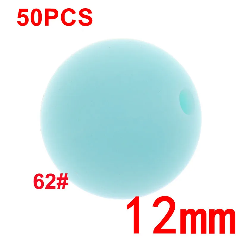 62 Blue Green 50 шт., 12 мм, круглые силиконовые бусины для прорезывания зубов, BPA бесплатно, Детские Прорезыватели, соски, клипсы, цепочка, сделай сам, для детей, жевательные игрушки для душа, подарок - Цвет: 62 Blue Green