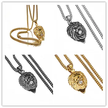 

Granny Chic Silver Gold Black Lion color Necklace Rock Punk Men/Women Jewelry Stainless Steel Chain Necklace Rhinestone Pendant