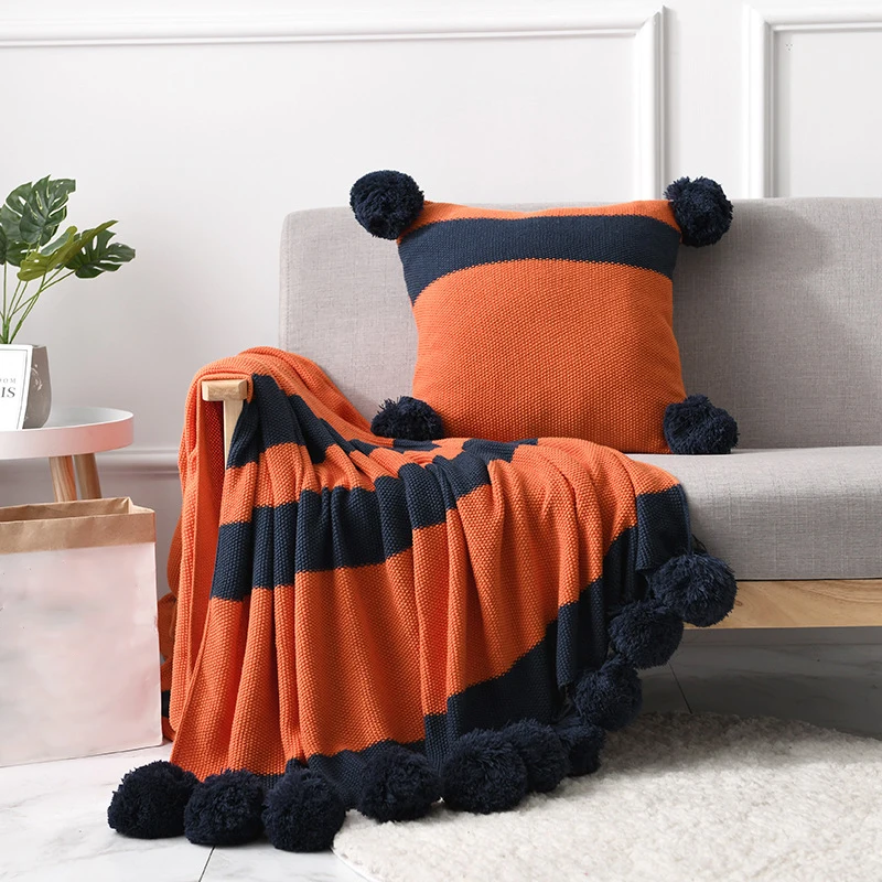 

Modern Adult Comfortable Striped Ball Blanket Single Soft Air Conditioning Blanket Classic Women Men European Knitted Blankets