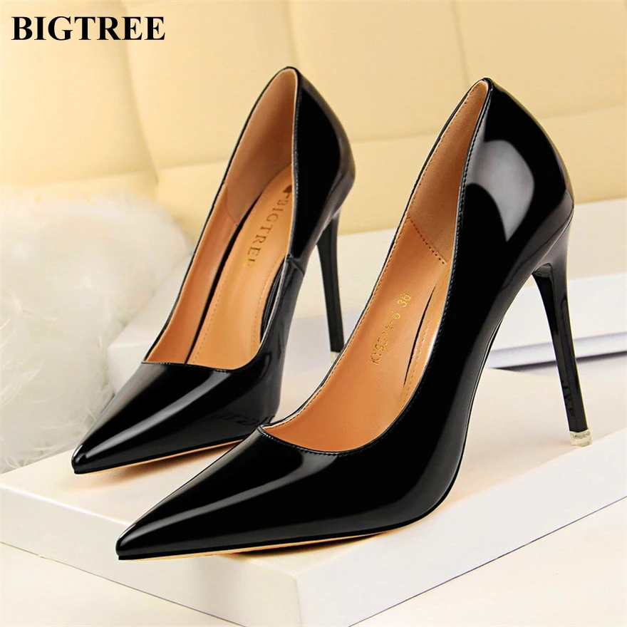 

2019 Pointed Toe Shallow Fashion High Heels Shoes Women Pumps Concise Patent Leather Women's Wedding Shoes Party Shoes Show Thin
