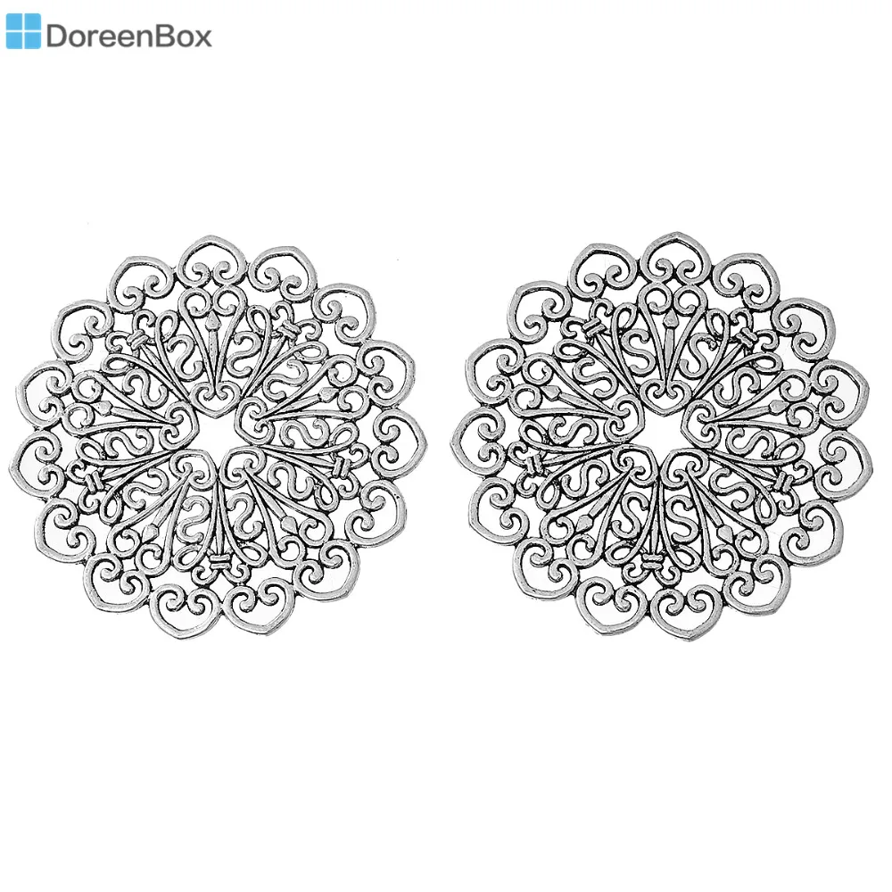 Filigree Stamping Embellishments Findings Round Antique Silver Hollow Pattern 53mm(2 1/8") x 53mm(2 1/8"), 10 PCs 2016 new