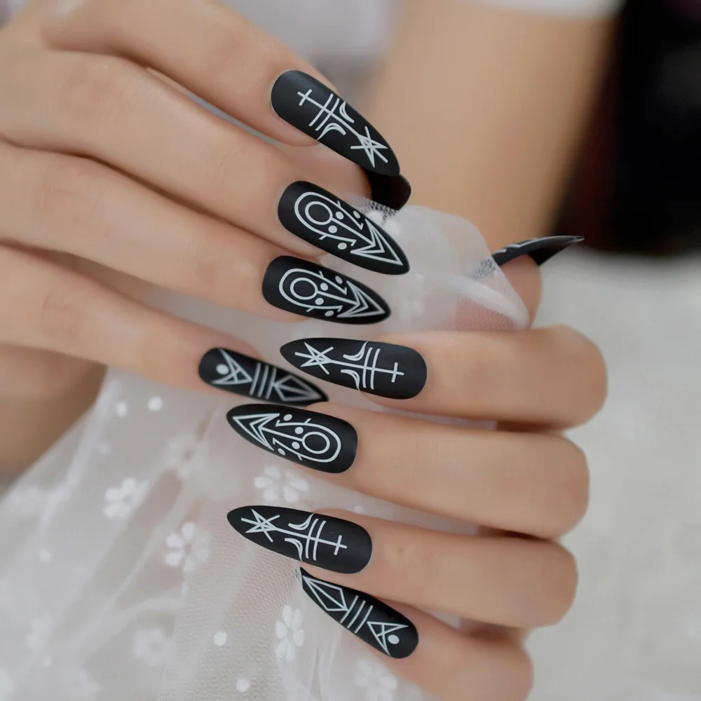  Stiletto Extra-Long Painter Matte Fake Nails Black Mysterious Religion Divination Designed Nails Fr