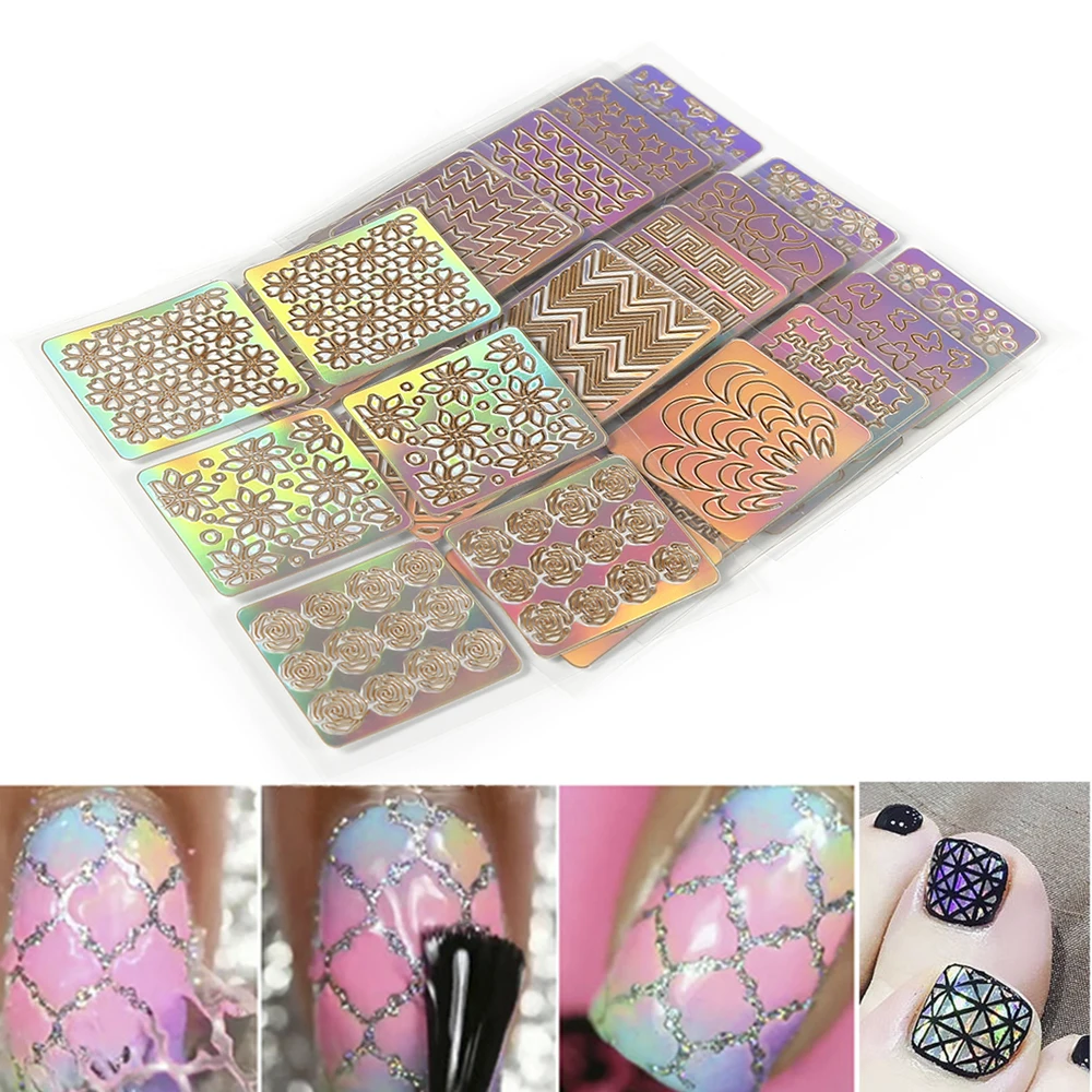 

ELECOOL 6pcs Colourful Mixed 3D Design Nail Art Hollow Stickers Stencil Tip Template PVC Manicure Decals Decoration
