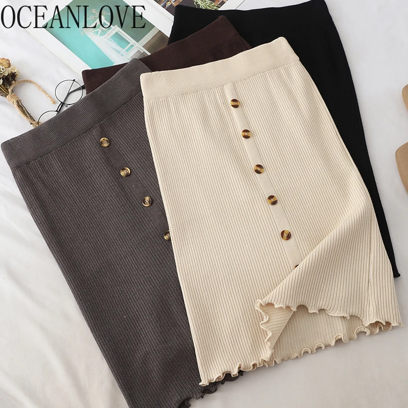 

OCEANLOVE Solid Autumn Skirt Button High Waist Office Lady Knitted Korean Fashion Faldas Mujer Moda 2019 Elegant Skirts 12647