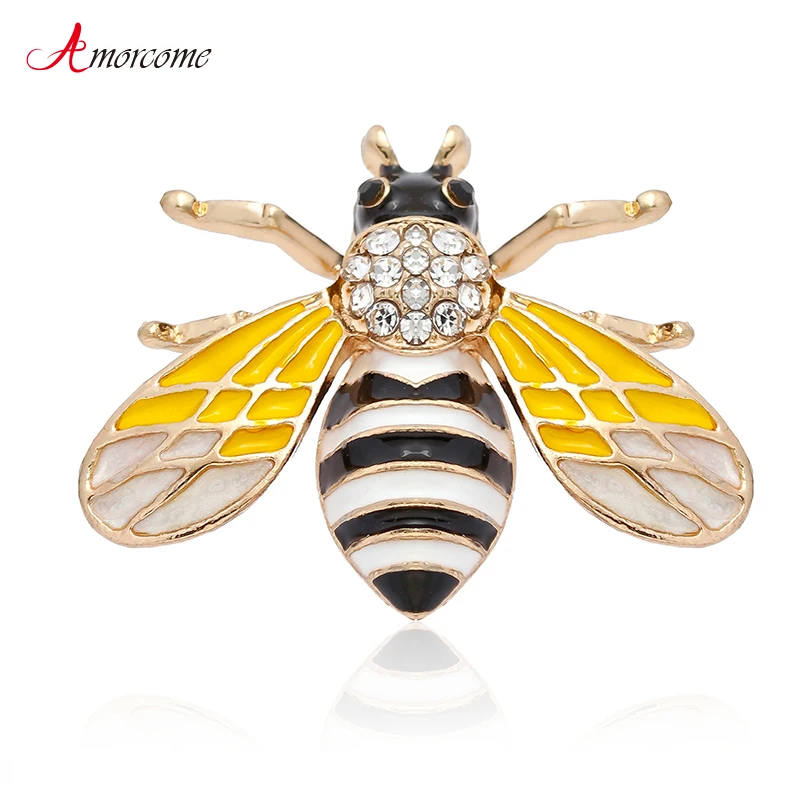 

Amorcome Honey Bee Brooches For Women Girls Clothes Lapel Hat Pin Crystal Yellow Enamel Insect Brooch Female Party Jewelry