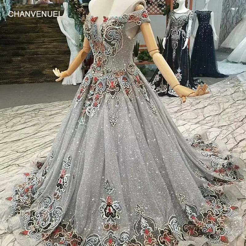 

LS647111 grey shiny mothers of brides wedding party dresses off shoulder sweetheart bling a-line evening dress with brush train