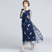 Роскошные богемное платье Осень ВПП элегантный Брендовая Дизайнерская обувь птица синий вышивка Boho Сетчатое платье Для женщин Винтаж длинные платья