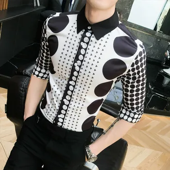 

High Quality Fashion Summer Slim Fit Dress Shirts Male Half Sleeve Print Hairstylist Work Shirt Man New Pattern Tuxedo Shirt Men