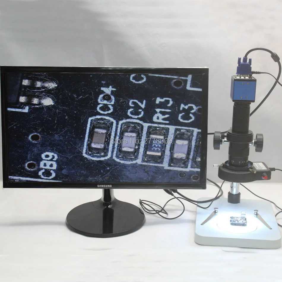 

2.0MP Digital Industrial Video Microscope Camera VGA Output 180X 300X C-mount Lens Adjustable LED lights Workbench Phone Repair