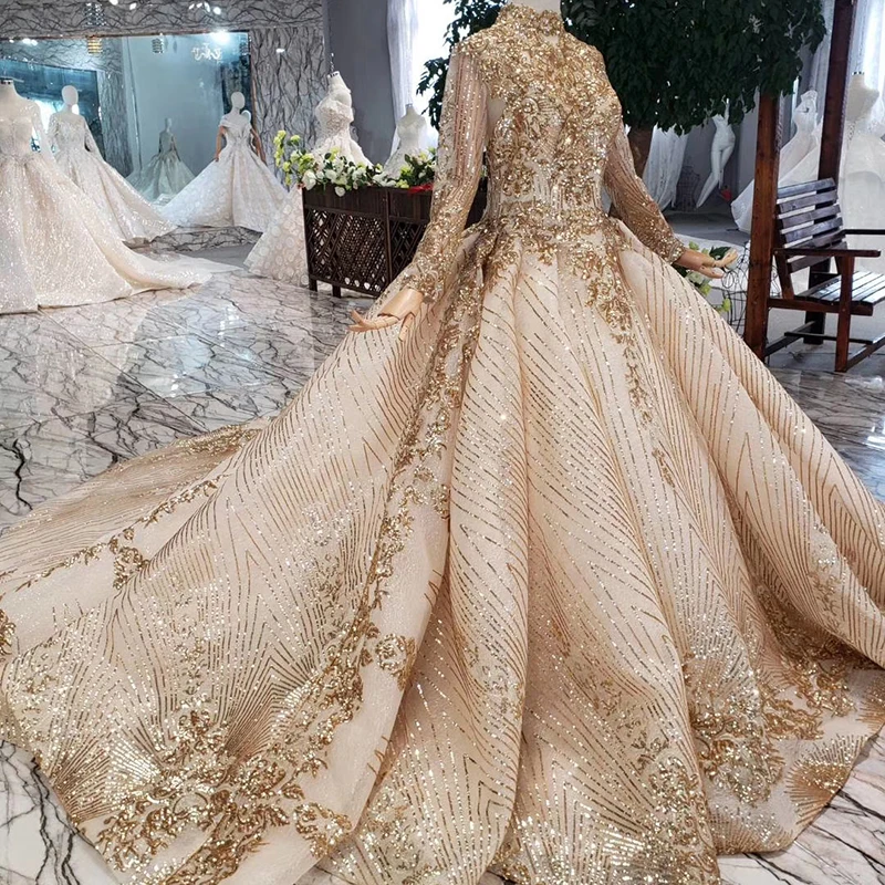 LS20470 роскошное мусульманское свадебное платье с высоким воротом и блестящими пайетками, на шнуровке сзади, с аппликацией ручной работы, свадебное платье золотого цвета