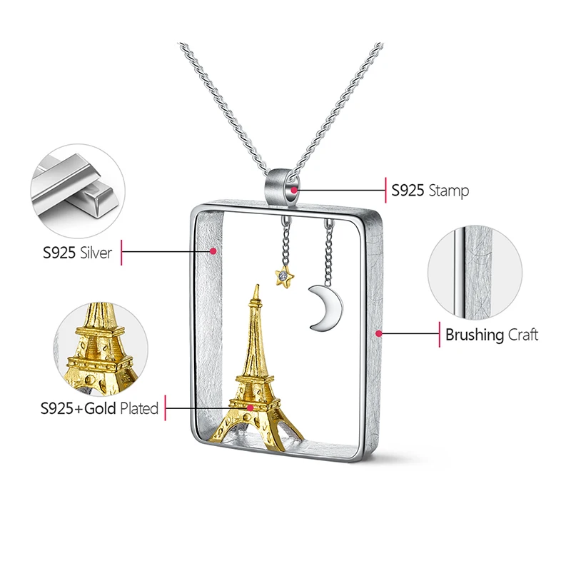 Lotus Fun Real 925 Sterling Silver Handmade Fine Jewelry Eiffel Tower Design Pendant without Necklace For Women