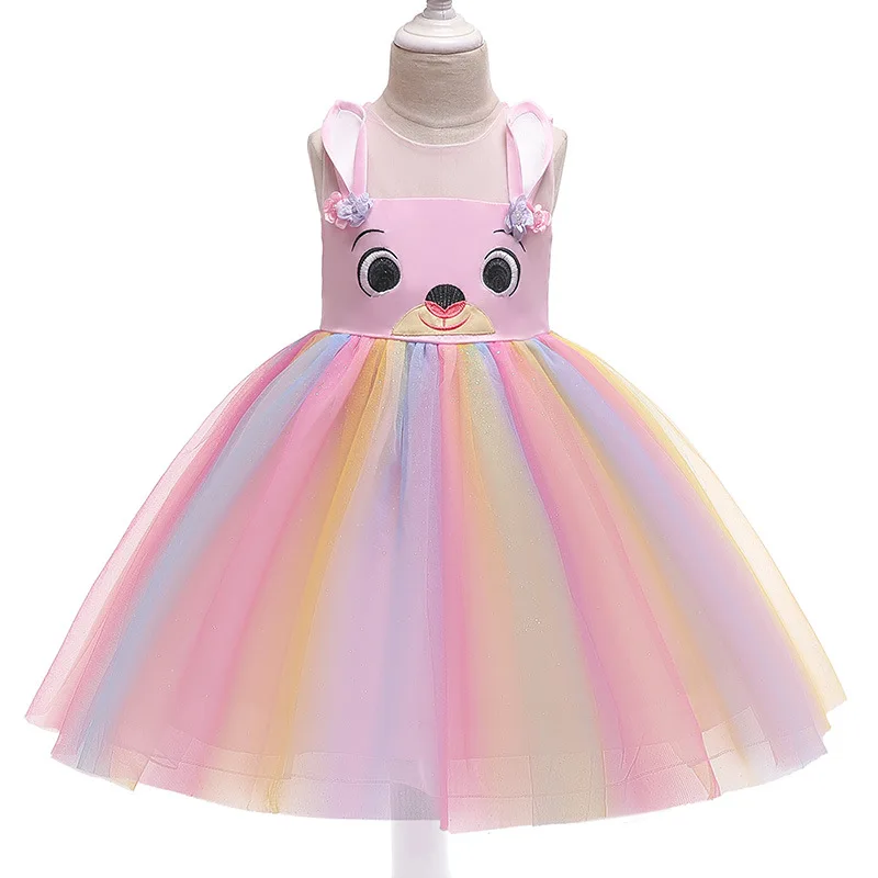 

2019 Children's Rainbow Mesh Cartoon Sleeveless Princess Birthday Party Tutu Ball Gown Girls Dress Halloween Cosplay Costume