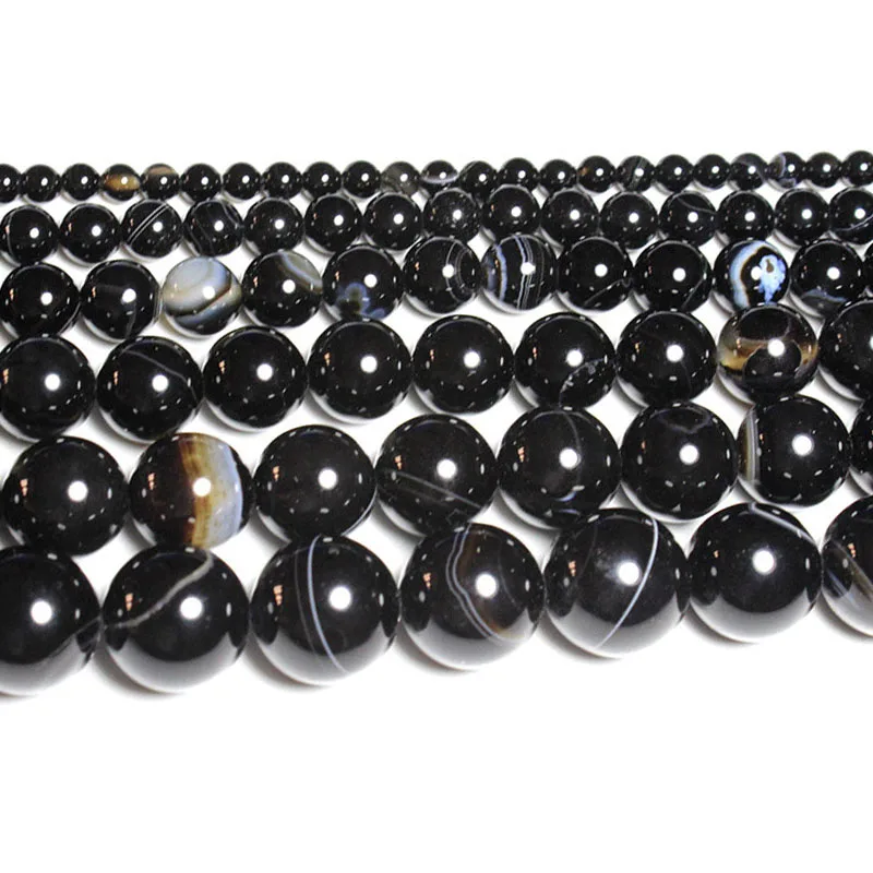 

15"Strand Natural Stone Beads Smooth Black Striped Agates Round Loose Beads For Jewelry Making Necklace Bracelet 4-12mm