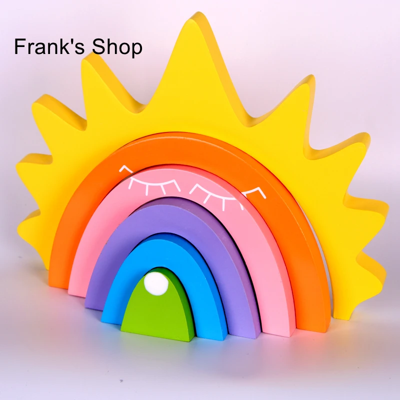 

C Nordic DIY Wood sun rainbow Blocks Set Kids Natural Wood Building Blocks Craft Early Learning Educational Toys Baby Room Decor