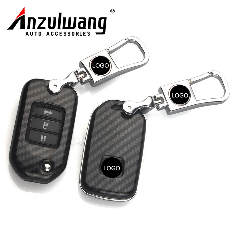 

ANZULWANG Car Key Cover Case Carbon Fiber Protect Shell For Honda Civic/CRV/Accord/Crider/Vezel/XRV/JADE Car Key Chain