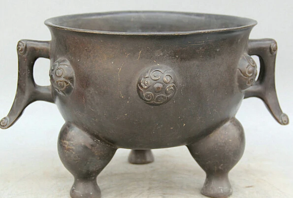 

JP S61 14" Marked Old Chinese Bronze circular 3 Foot ball handle Incense Burner Censer