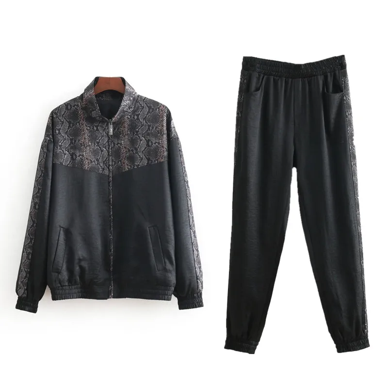 Sports Set Female Spring Autumn Snakeskin Aviator Zipper Jacket Print Stripe Jogging Pants Suits Two Piece Casual Tracksuits | Женская
