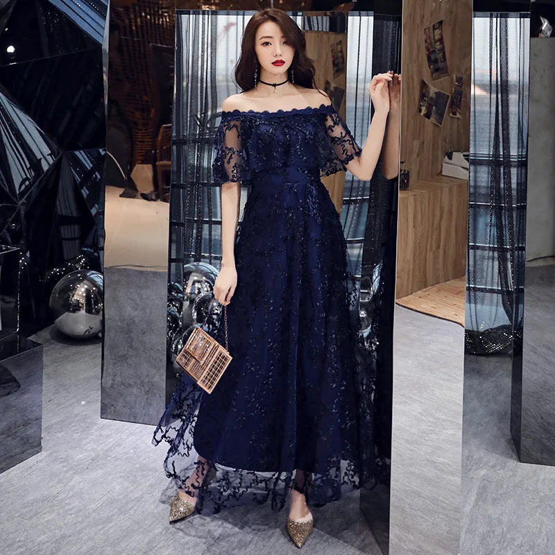 Темно-Синие Вечерние вечернее Ципао, женское элегантное платье с вырезом лодочкой, Qipao, сексуальное длинное платье на свадьбу, выпускной, Ретро стиль, Vestido XS-XXXL - Цвет: Navy Blue - B