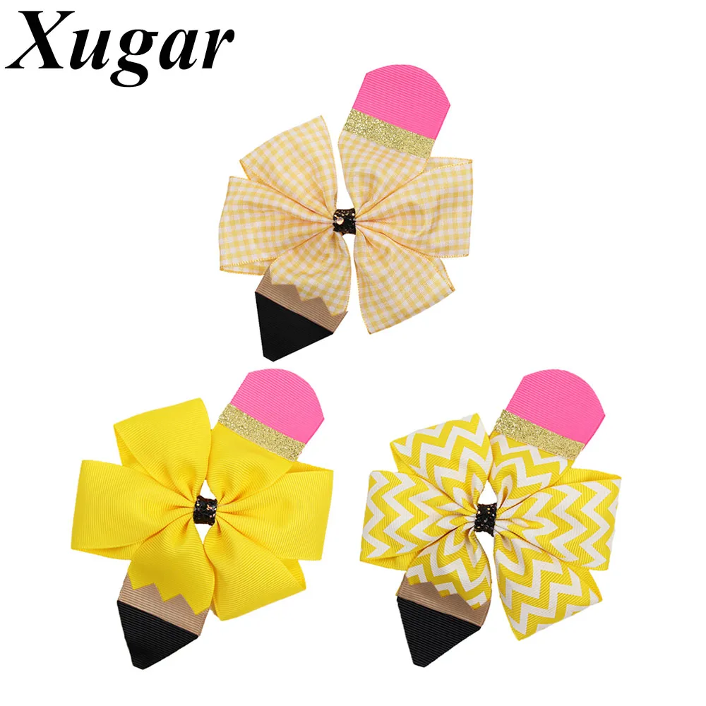 

BACK TO SCHOOL Hair Bows for Girls Dot Pencil Print Glitter Wave Bow Hair Clip Students Hairgrips Kids Hair Accessories