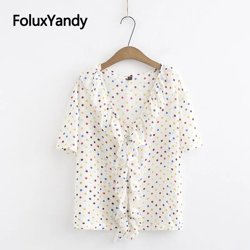 

Polka Dot Tops 2019 Korean Style Women Tops Plus Size Casual Ruffles V-neck Summer Short Sleeve T-shirts KKFY3677