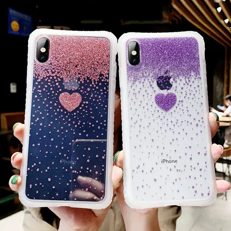 

Cute Glitter Transparent Love Heart Pattern Phone Case For iPhone X XS XR XS Max 6 6S 7 8 Plus Clear Shining Bling Back Covers