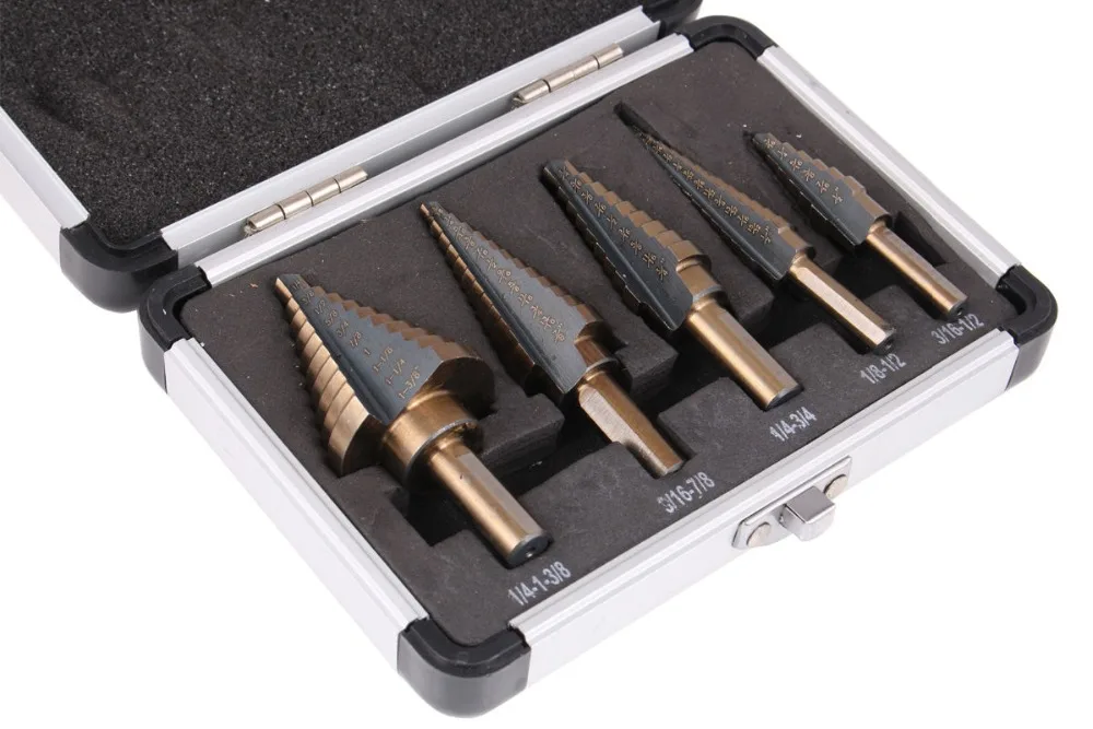 5pcs/Set HSS COBALT MULTIPLE HOLE 50 Sizes STEP DRILL BIT SET w/ Aluminum Case 5pcs/Set HSS COBALT MULTIPLE HOLE 50 Sizes STEP DRILL BIT SET w/ Aluminum Case