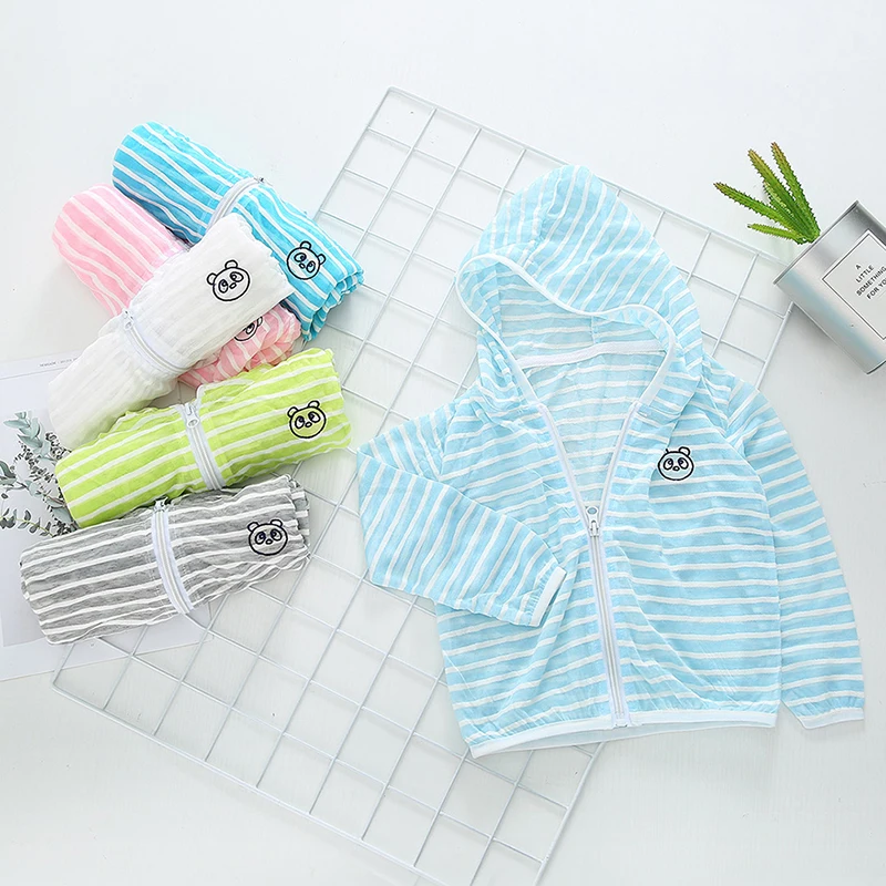 

2019 Summer Kids Sun Protection Clothing Coat Unisex Cute Striped Print UV Protection Quick Dry Thin Jacket with Hooded ZipperA