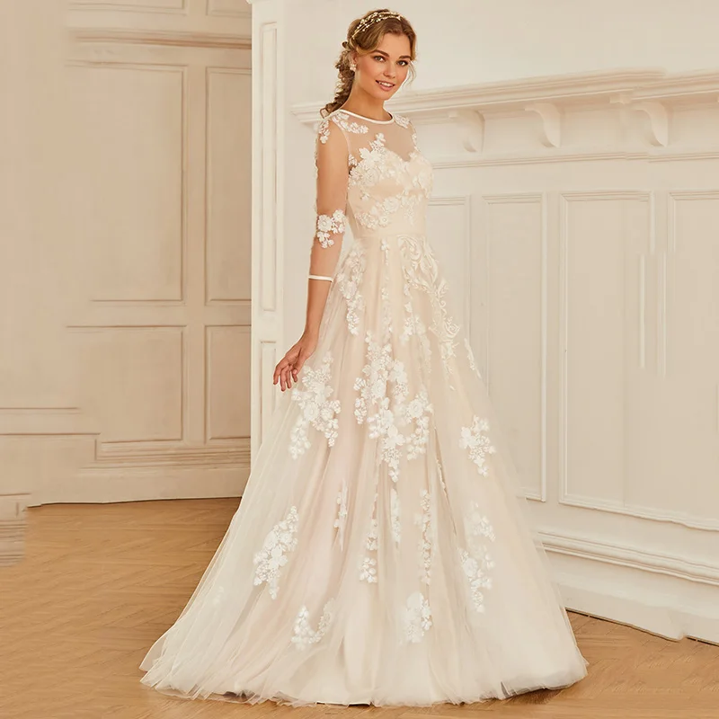 Элегантное свадебное платье Dressv женское с круглым вырезом рукавами 3/4 кружевной