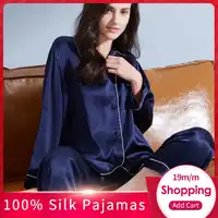 Women 100% Real Silk Pajamas Set 2019 Solid Nightgown Pyjama Femme Sleep Lounge Bedgown Silk Girls 19 m/m Silk Sleepwear Suits