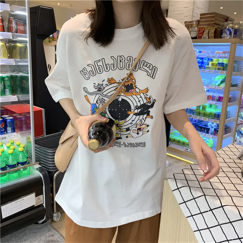 

CBAFU casual cartoon pattern women T shirt short sleeve o neck loose letter print ladies tshirt designer tops tees fashion P144