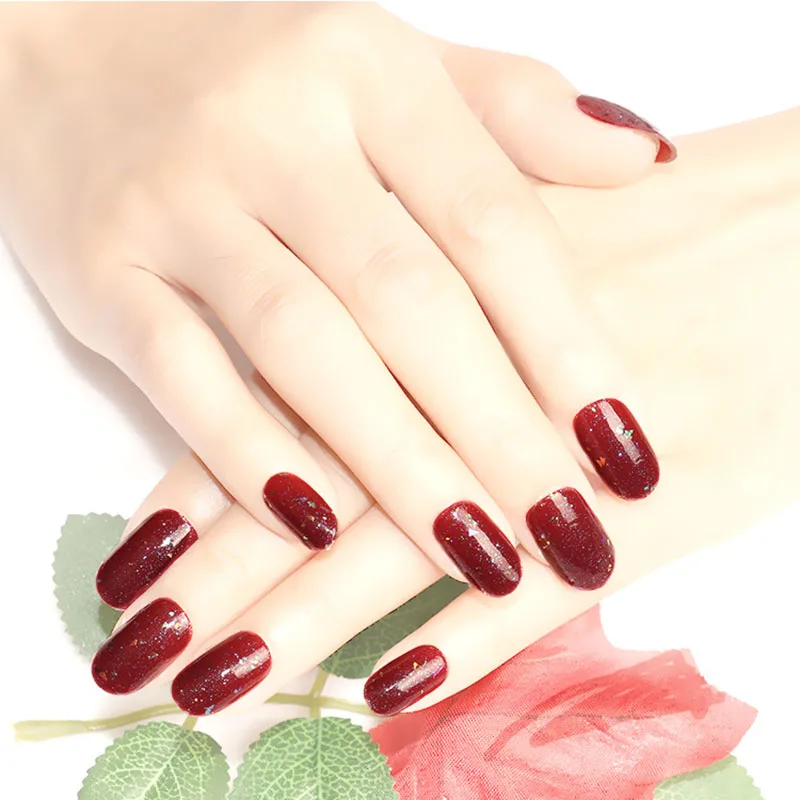 

Almond fake nails Medium length Glitter red wine Diy Nail Art Accessory 24 PCS Tips Phototherapy Fake nails with glue Hand care