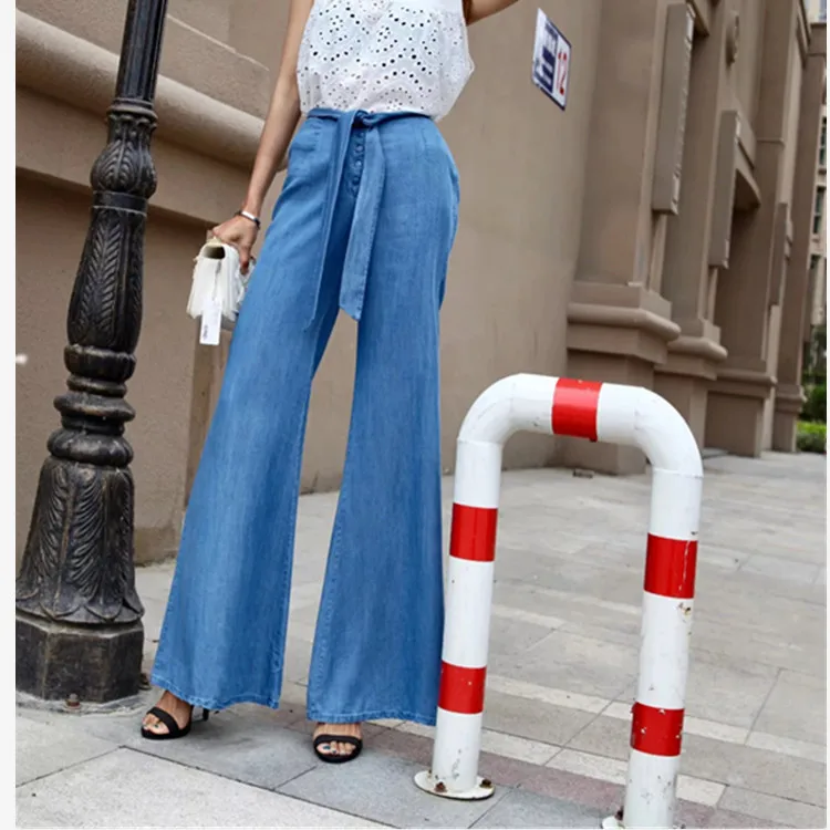 

Streetwear High Waisted Flare Jean Pants Slim Women Loose High Elastic Waist Wide Leg Flared Jeans Lace UpDenim Pants