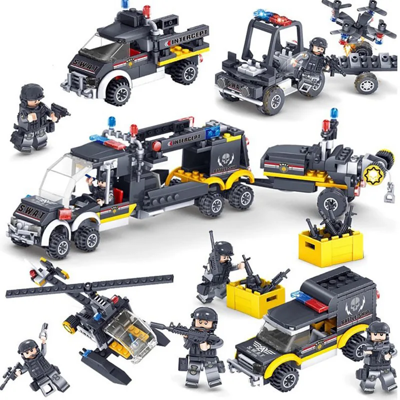 

Mini Action Blocks LegoING Police SWAT Team Vehicle Cars Toys For Kid Gifts Police Series Building Figure Brick