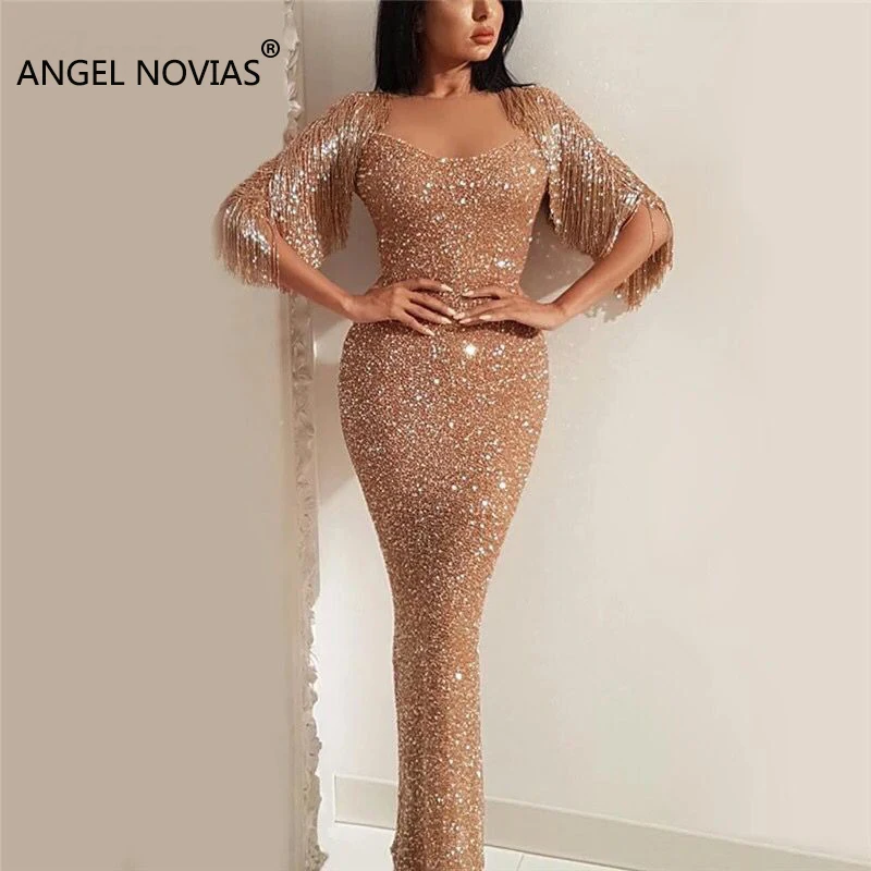 

ANGEL NOVIAS Long Champagne Abendkleider Evening Dress 2018 with Beads Tassel Sheath Glitter Arabic Avondjurk