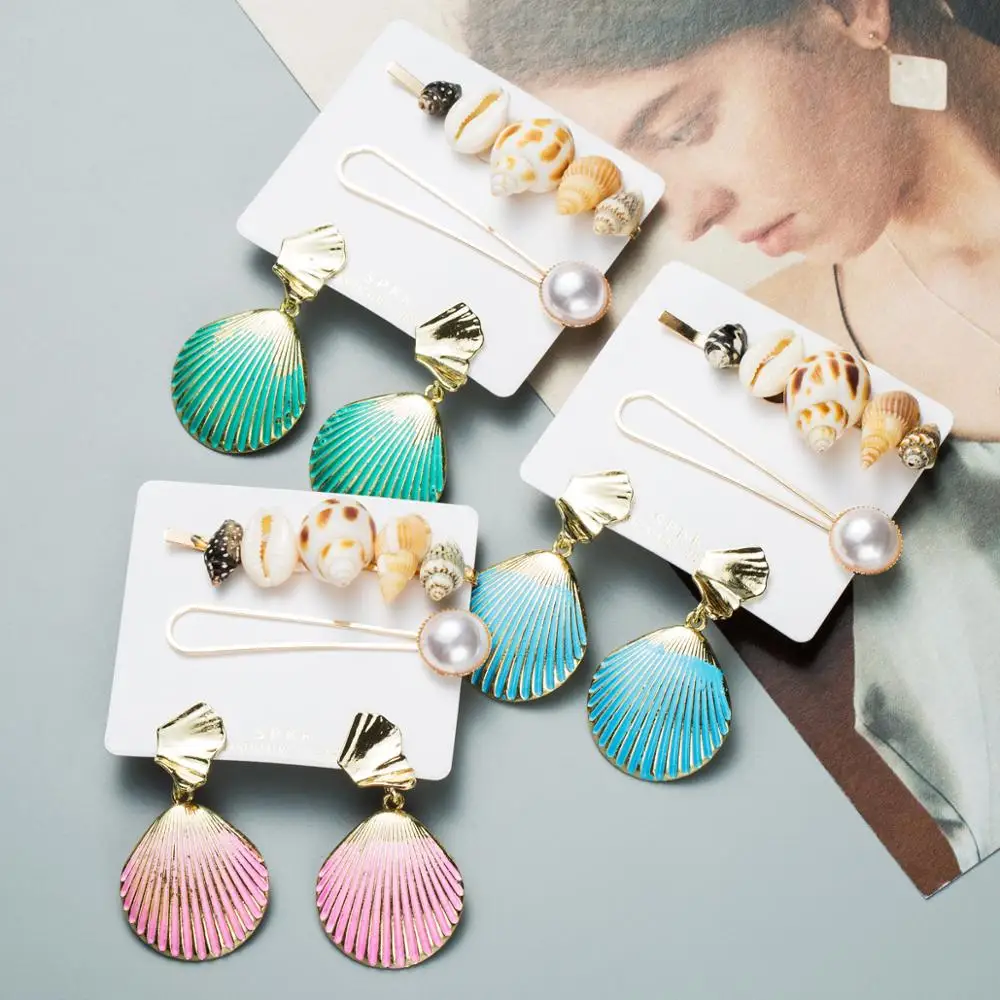 

KMVEXO Women Bohemian Candy Color Starfish Conch Cowary Shell Drop Dangle Earrings with Shell Pearls Hair Clips Ocean Jewelry