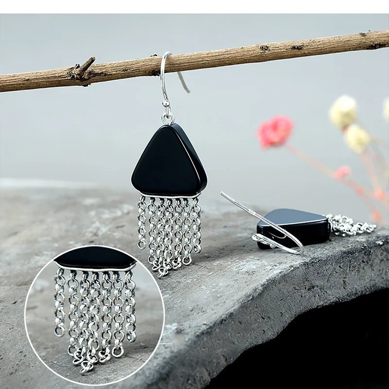 Серебряные 925 ювелирные изделия серьги натуральный камень оникс Черный кисточкой серьги для женщин дамы ювелирные изделия Joyeria