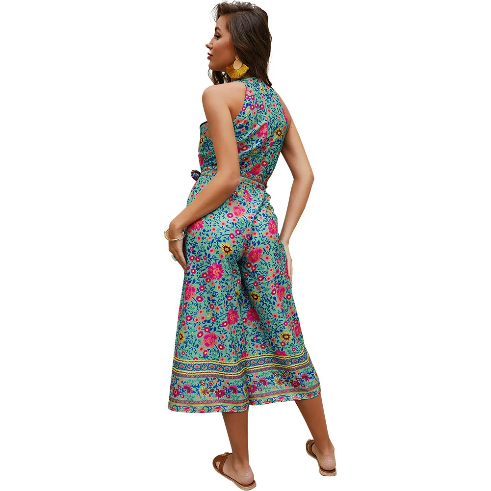 Elegant Sexy Jumpsuits Women Sleeveless Polka flower print Loose Trousers Wide Leg Pants Rompers Holiday Backless Overalls