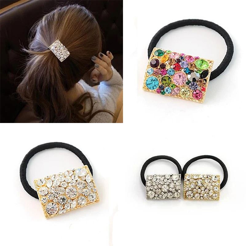 1 Paire Femmes Carré Éclat Plein Cristal Cheveux Bande Élastique Cheveux Corde Strass Queue de Cheval