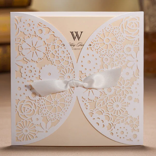 

BH2065, Classic White Hollow Flowers Wedding Invitations Cards