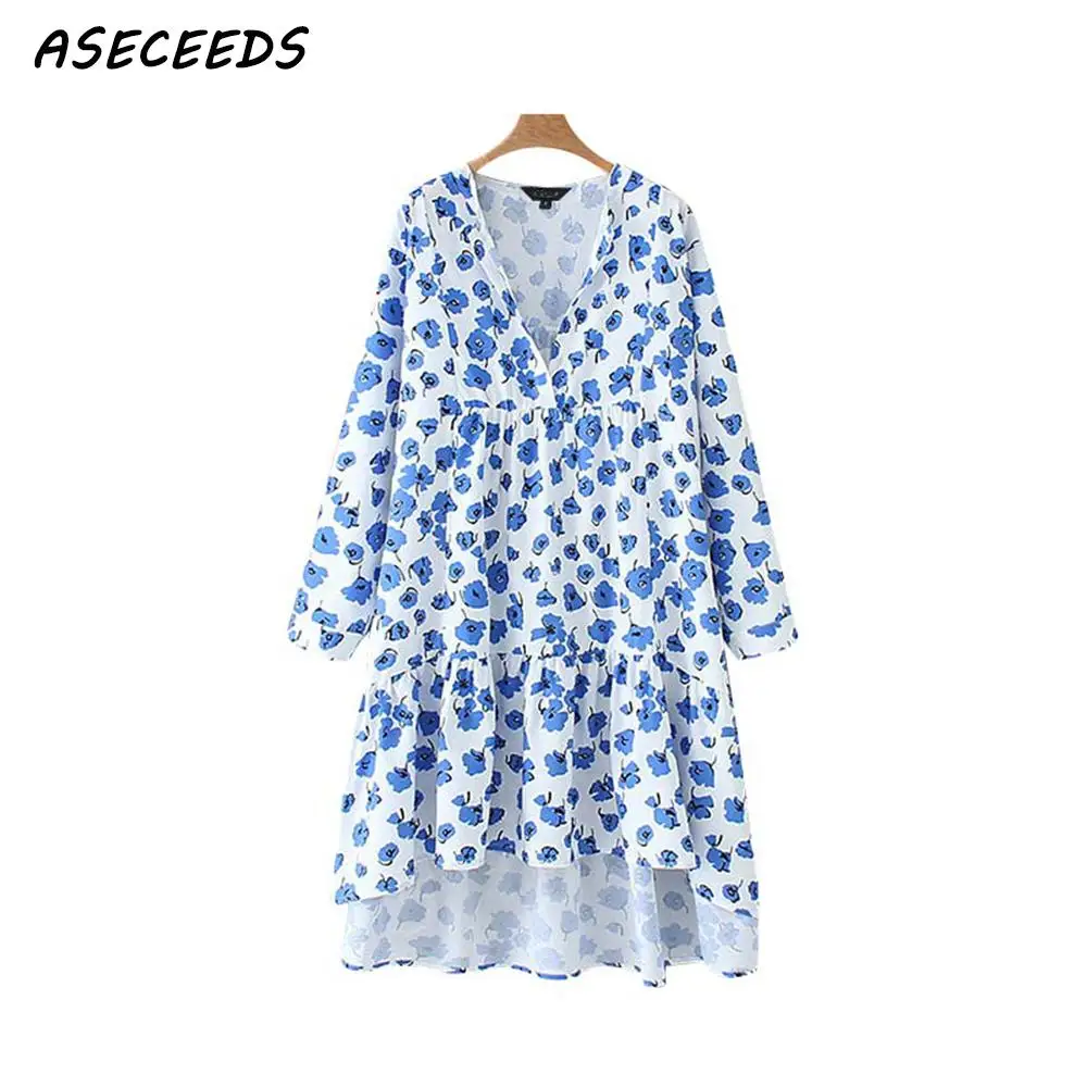 

Vintage Boho sweet floral print irregular midi dress women sexy V neck long sleeve pleated elegant summer dress 2019 vestidos