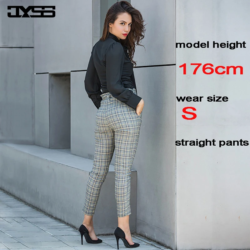 Cena JYSS jesień nowe dorywczo spodnie z elastyczną gumką w pasie kobiety pas żółty szary spodnie w kratę długie proste spodnie odzież dla aktywnych kobiet 81221