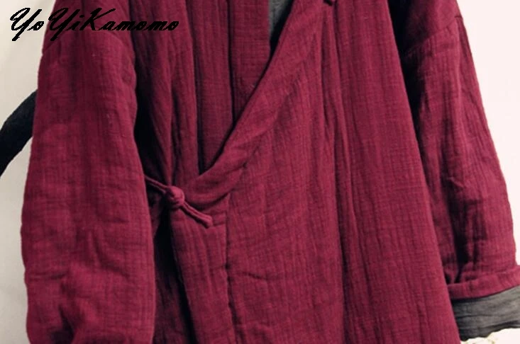YoYiKamomo зимние толстые парки женские новые хлопковые льняные Оригинальные красные длинные свободные винтажные короткие женские пальто