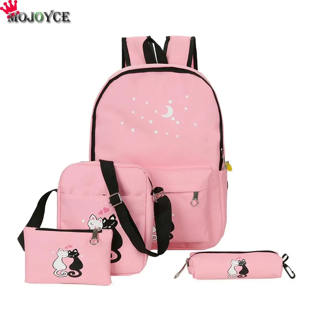 Vente 4 pièces ensemble 2018 toile femmes Sac à Dos cartable impression mignon chat Sac d école Sac à Dos pour adolescente filles Sac à Dos Mochila Feminina
