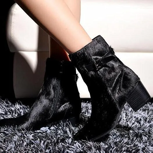 

Winter Women Boots Mid-Calf Fur Warm Side Zipper Chunky Heels Buckle Strappy Botas Mujer Shoes Woman