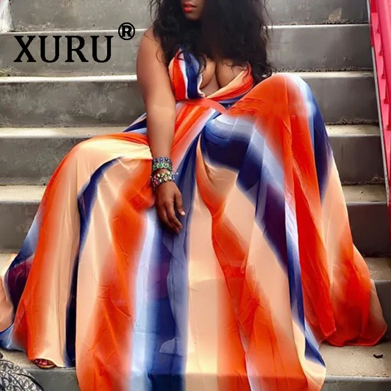 XURU летнее Новое богемное шифоновое длинное платье, сексуальное платье на бретельках с v-образным вырезом на спине, шифоновое платье свободного кроя с градиентом - Цвет: Оранжевый