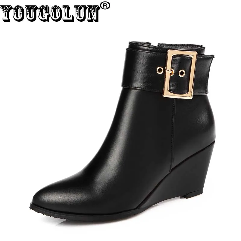 

YOUGOLUN - Women Ankle Boots Autumn Winter Wedge Heel Pointed toe Buckle Zip Wedges Heels 6.5cm Black Gray Beige Shoes #Y-140