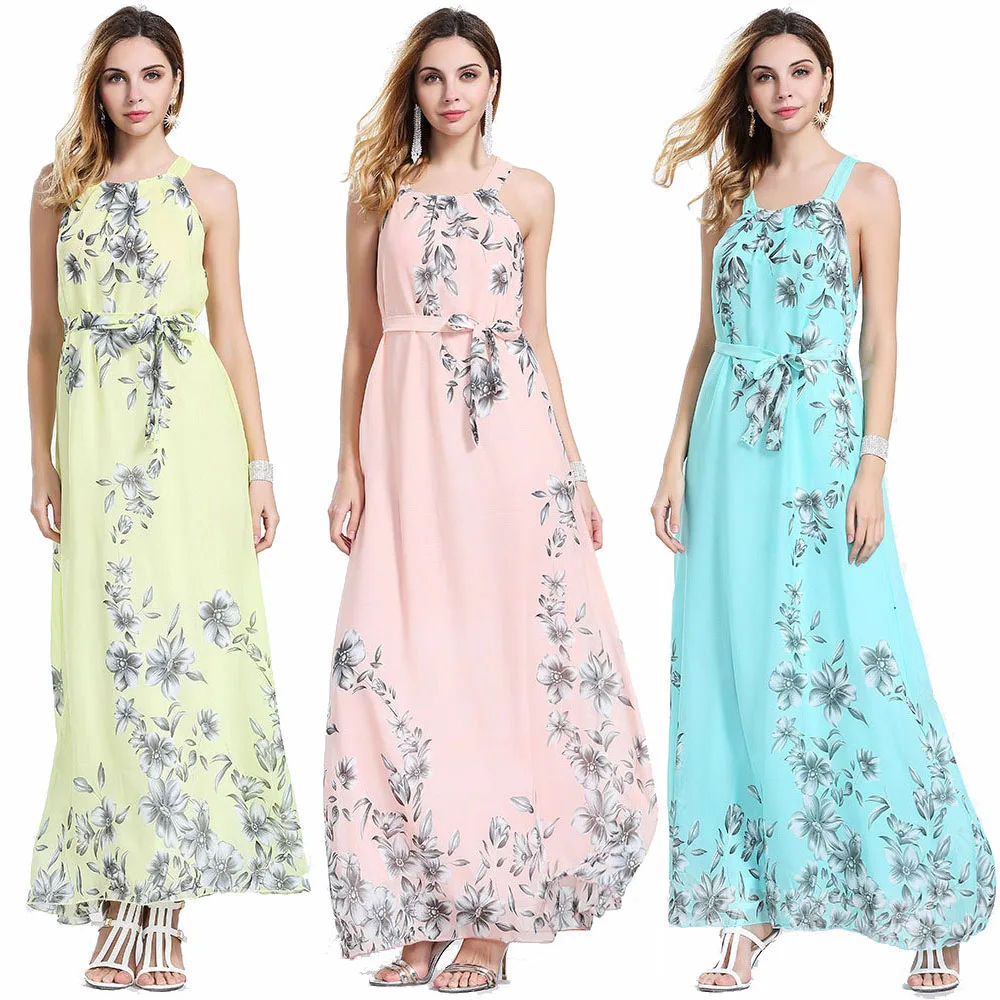 

2019 Summer Bohemia Dress Good Quality Sleeveless Vestidos Quality Brand Flower Printed Chiffon Women Summer Dress