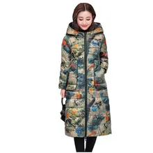 Зимнее 80% белое пуховое пальто Женская парка модная с капюшоном с принтом Длинная Верхняя одежда размера плюс тонкий теплый женский пуховик