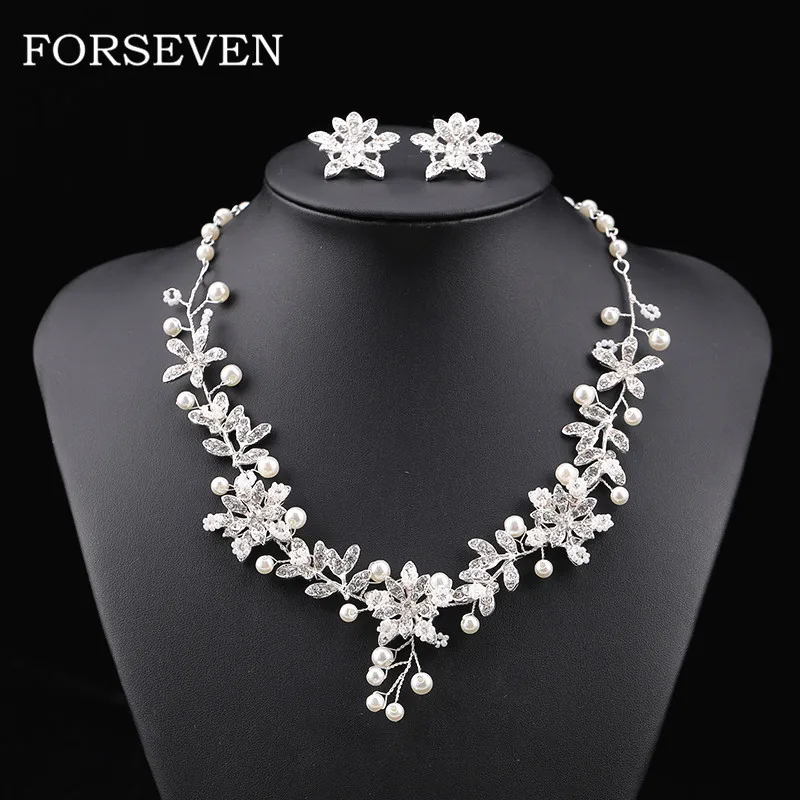 

Pearl Rhinestone Flower Neckalce Earrings Wedding Jewelry Accessories For Bridal Jewelry sets Wedding Necklace Ear Clip