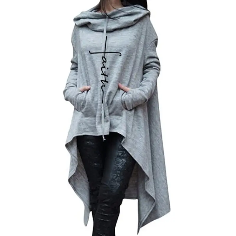 2019 Fall Gothic Plus Size Black Casual Women Long Hoodies Loose Hooded Pocket Print Gray Tops Office Ladies Female Sweatshirts